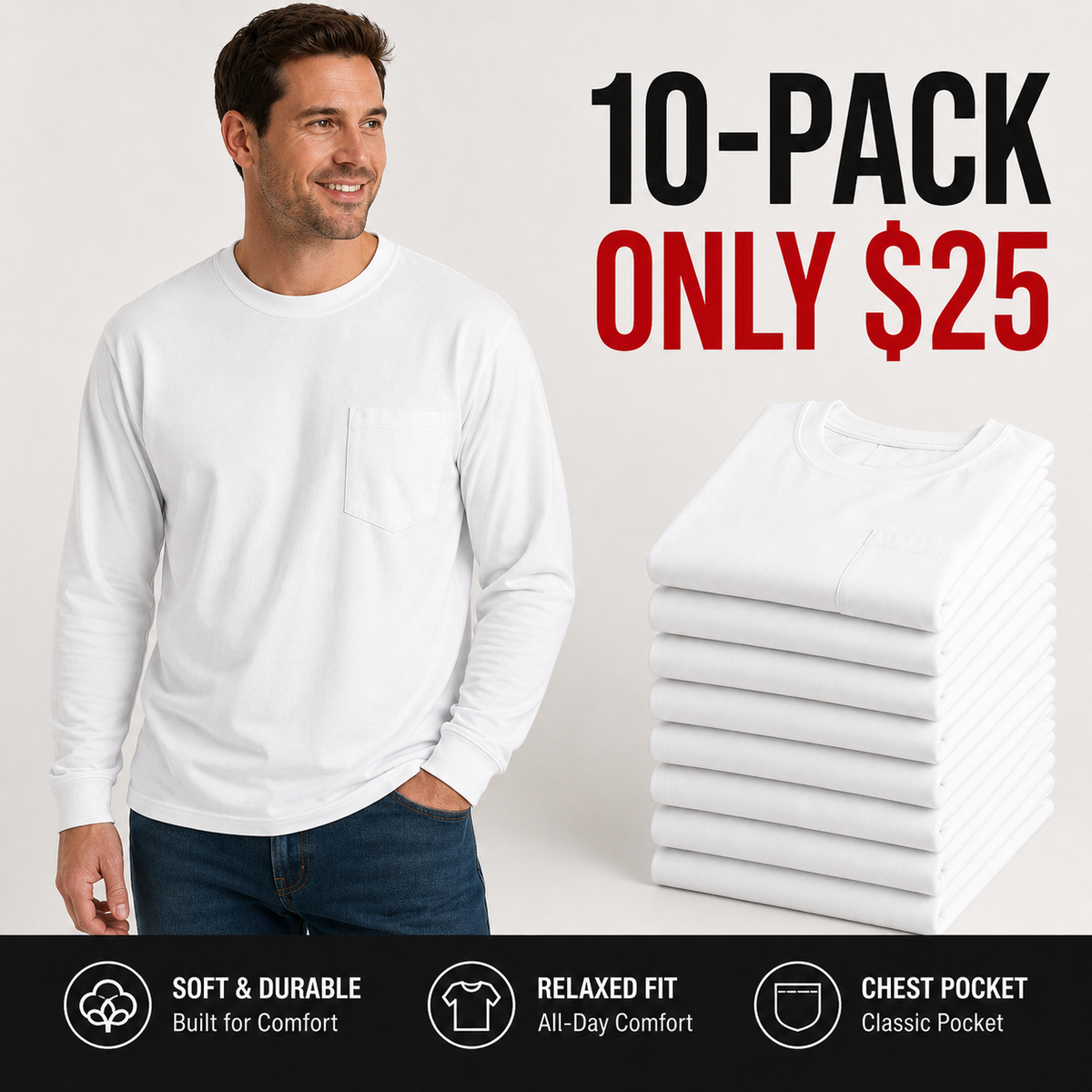 🔥 Men's Heavyweight Cotton Long Sleeve Pocket T-Shirt, Relaxed Fit Casual Tee, Big & Tall