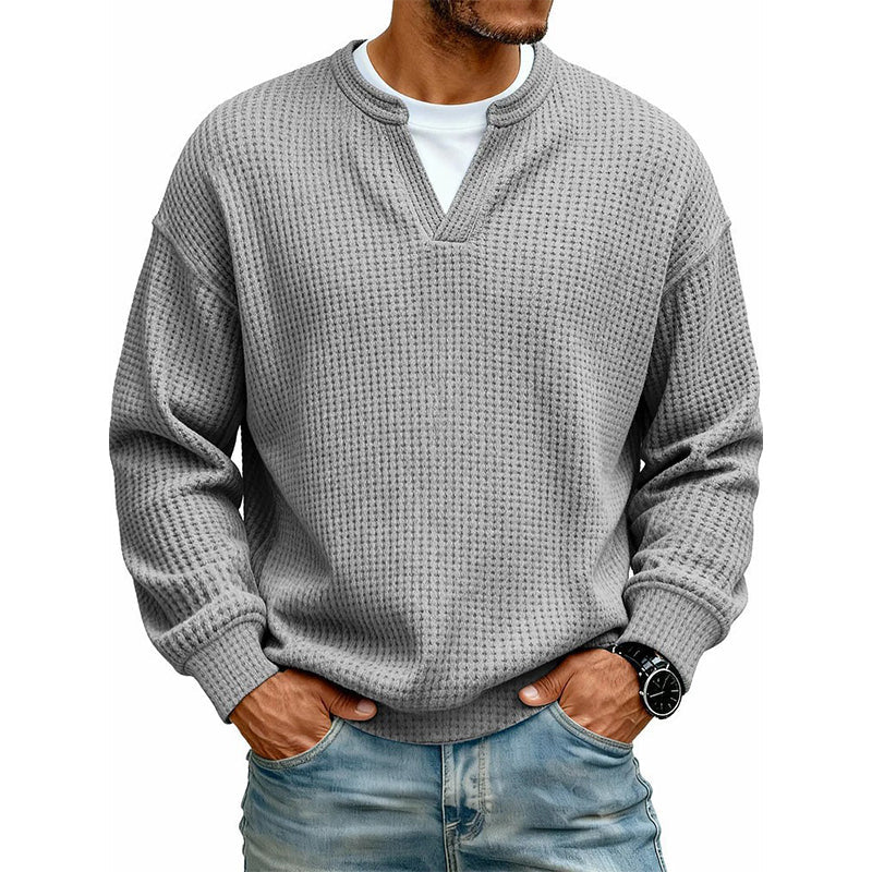 ⌛Limited-Time Offer⌛Men's Waffle-Knit Long-Sleeve V-Neck Pullover Shirt, Faux 2-Piece Street Look