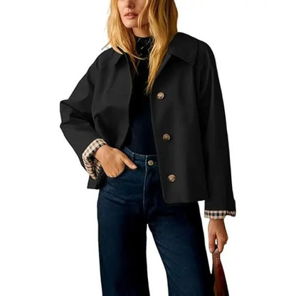 🔥 Bestseller Women's Cropped Trench Coat 🍂 | Oversized Jacket with Classic Lapel & Plaid Lining ✨