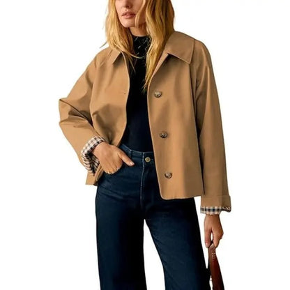 🔥 Bestseller Women's Cropped Trench Coat 🍂 | Oversized Jacket with Classic Lapel & Plaid Lining ✨