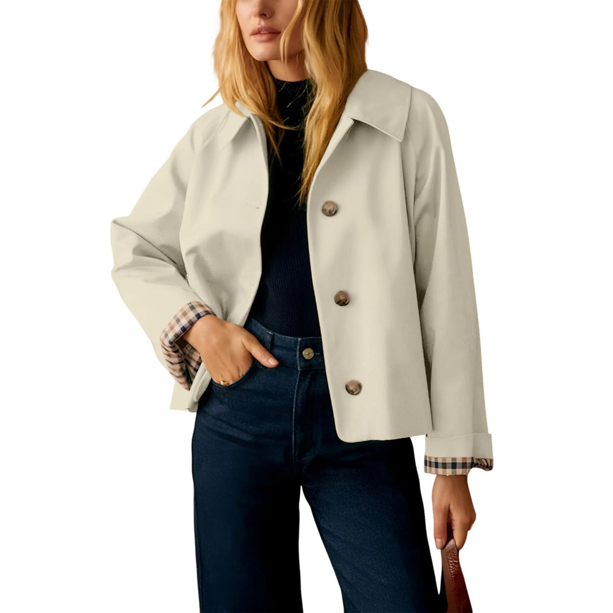 🔥 Bestseller Women's Cropped Trench Coat 🍂 | Oversized Jacket with Classic Lapel & Plaid Lining ✨