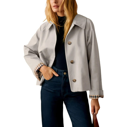 🔥 Bestseller Women's Cropped Trench Coat 🍂 | Oversized Jacket with Classic Lapel & Plaid Lining ✨