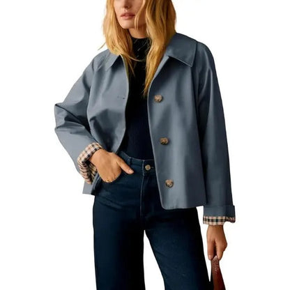 🔥 Bestseller Women's Cropped Trench Coat 🍂 | Oversized Jacket with Classic Lapel & Plaid Lining ✨