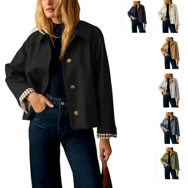🔥 Bestseller Women's Cropped Trench Coat 🍂 | Oversized Jacket with Classic Lapel & Plaid Lining ✨