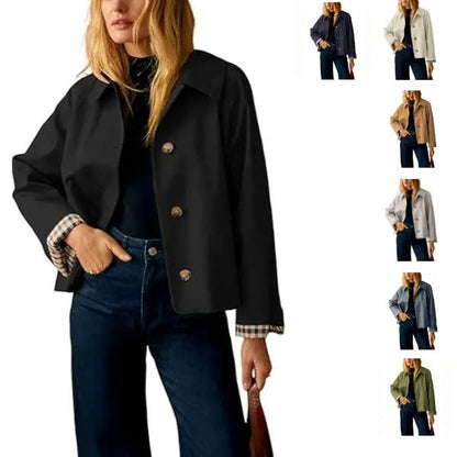 🔥 Bestseller Women's Cropped Trench Coat 🍂 | Oversized Jacket with Classic Lapel & Plaid Lining ✨