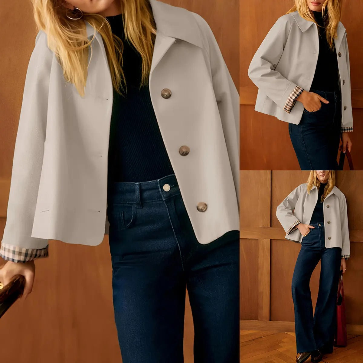 🔥 Bestseller Women's Cropped Trench Coat 🍂 | Oversized Jacket with Classic Lapel & Plaid Lining ✨