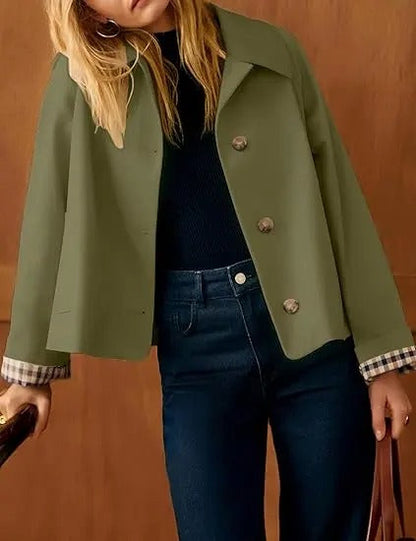 🔥 Bestseller Women's Cropped Trench Coat 🍂 | Oversized Jacket with Classic Lapel & Plaid Lining ✨