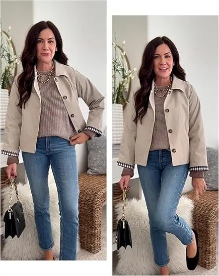 🔥 Bestseller Women's Cropped Trench Coat 🍂 | Oversized Jacket with Classic Lapel & Plaid Lining ✨
