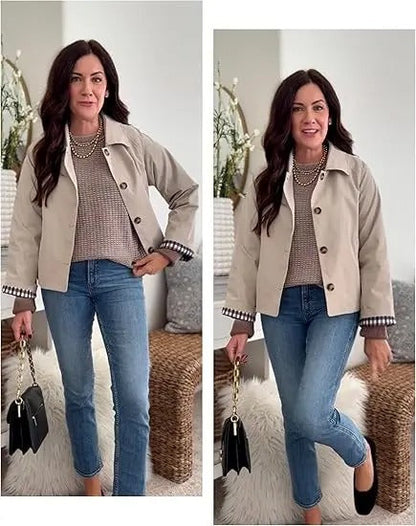 🔥 Bestseller Women's Cropped Trench Coat 🍂 | Oversized Jacket with Classic Lapel & Plaid Lining ✨