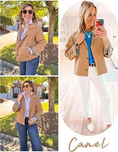 🔥 Bestseller Women's Cropped Trench Coat 🍂 | Oversized Jacket with Classic Lapel & Plaid Lining ✨