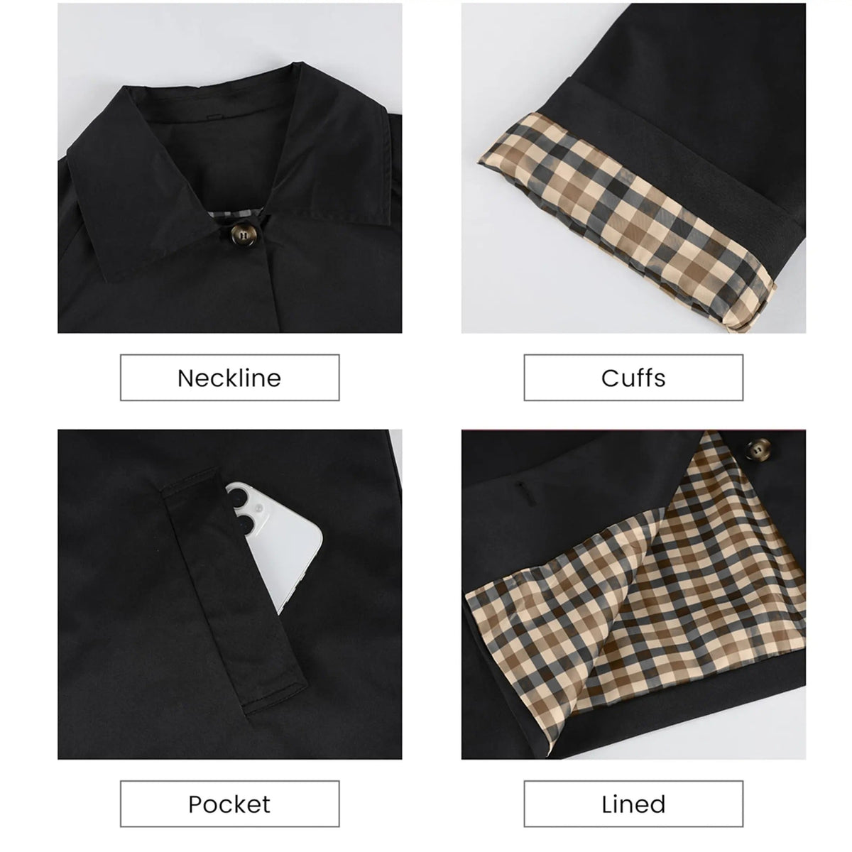 🔥 Bestseller Women's Cropped Trench Coat 🍂 | Oversized Jacket with Classic Lapel & Plaid Lining ✨