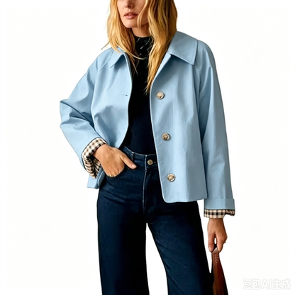 🔥 Bestseller Women's Cropped Trench Coat 🍂 | Oversized Jacket with Classic Lapel & Plaid Lining ✨