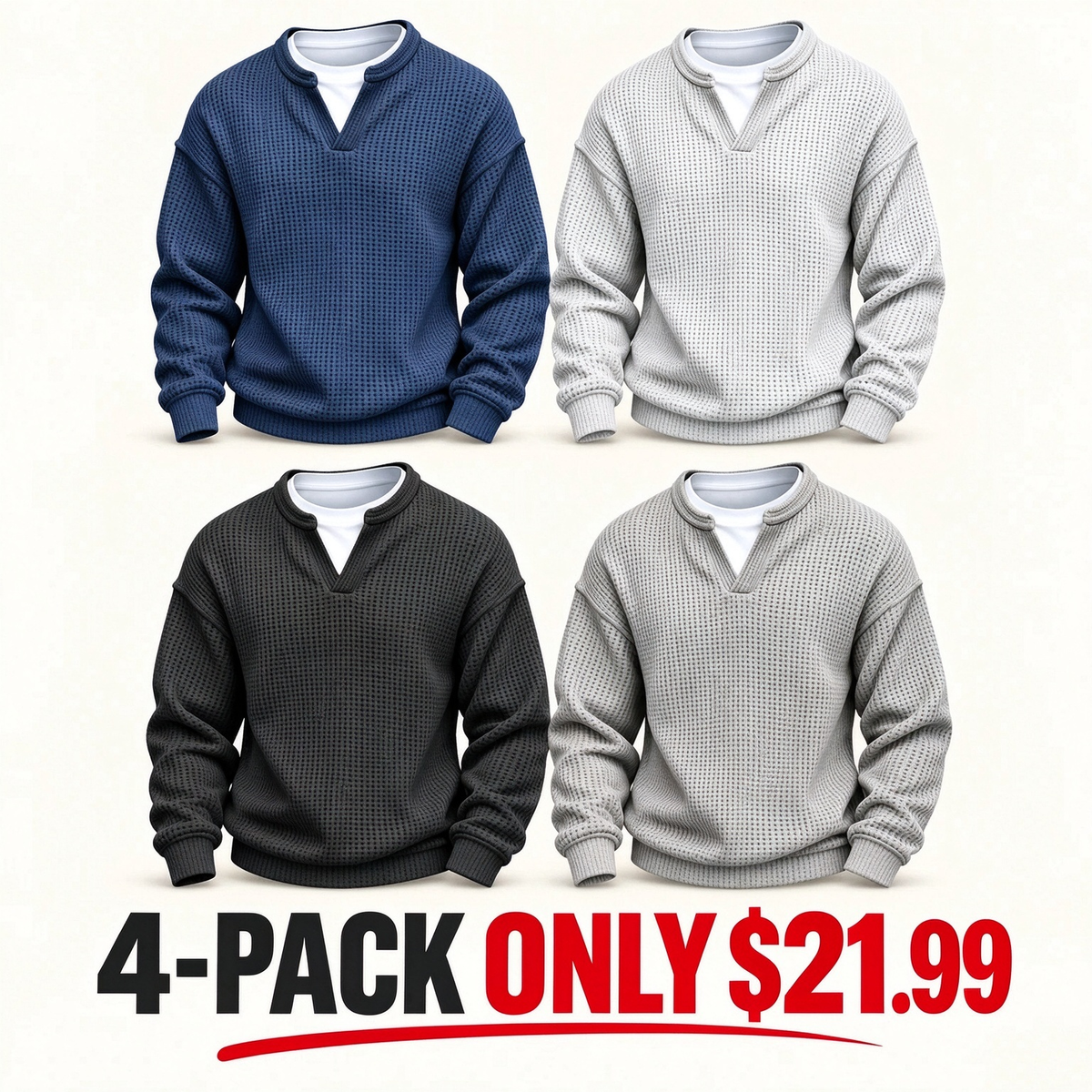 ⌛Limited-Time Offer⌛Men's Waffle-Knit Long-Sleeve V-Neck Pullover Shirt, Faux 2-Piece Street Look