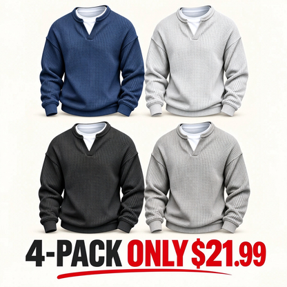 ⌛Limited-Time Offer⌛Men's Waffle-Knit Long-Sleeve V-Neck Pullover Shirt, Faux 2-Piece Street Look