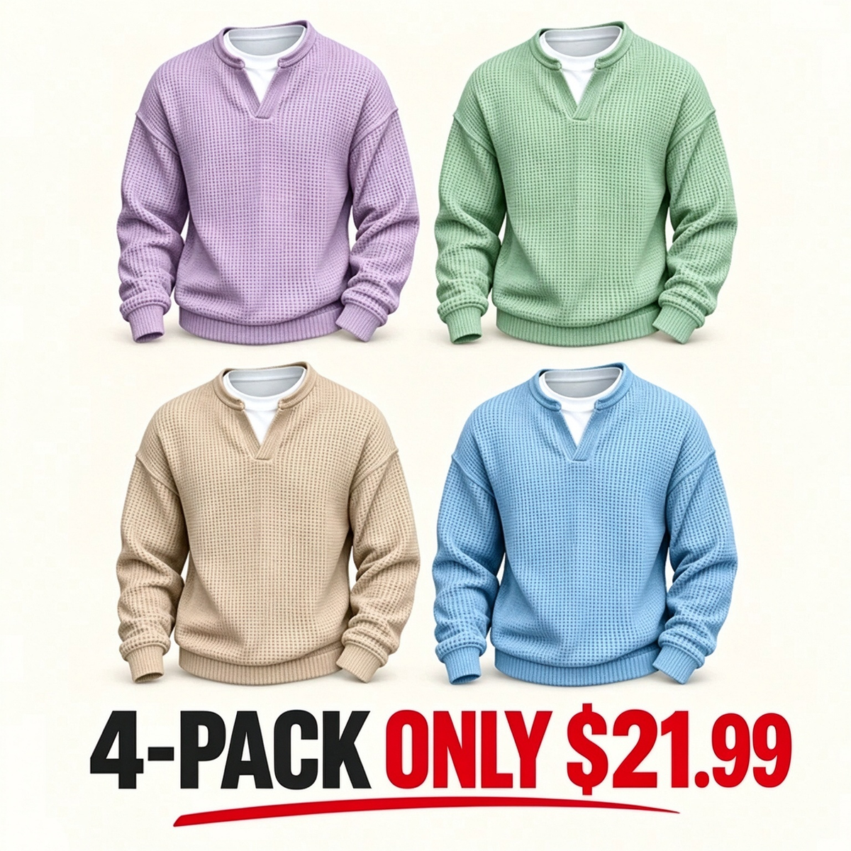⌛Limited-Time Offer⌛Men's Waffle-Knit Long-Sleeve V-Neck Pullover Shirt, Faux 2-Piece Street Look