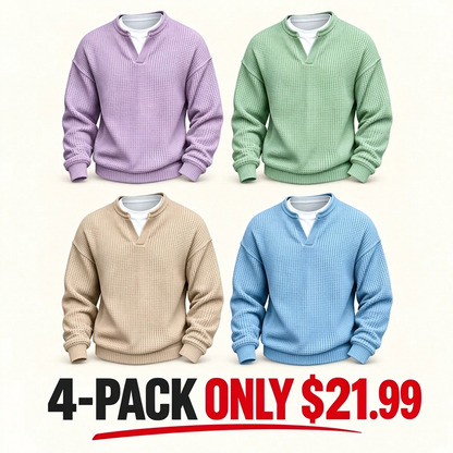 ⌛Limited-Time Offer⌛Men's Waffle-Knit Long-Sleeve V-Neck Pullover Shirt, Faux 2-Piece Street Look