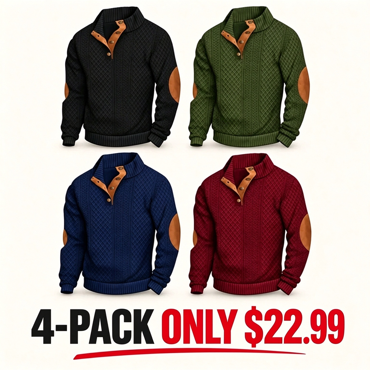Men's Stand Collar Jacquard Knit Sweater, Micro Stretch 100% Polyester Elbow Patch Long Sleeve Top