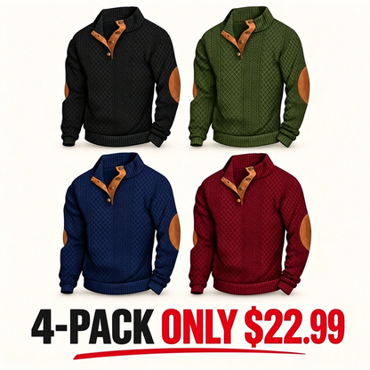 Men's Stand Collar Jacquard Knit Sweater, Micro Stretch 100% Polyester Elbow Patch Long Sleeve Top