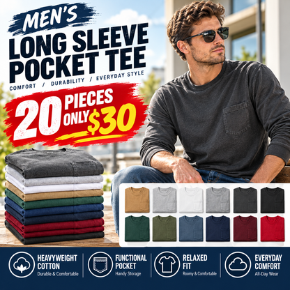 🔥 Men's Heavyweight Cotton Long Sleeve Pocket T-Shirt, Relaxed Fit Casual Tee, Big & Tall