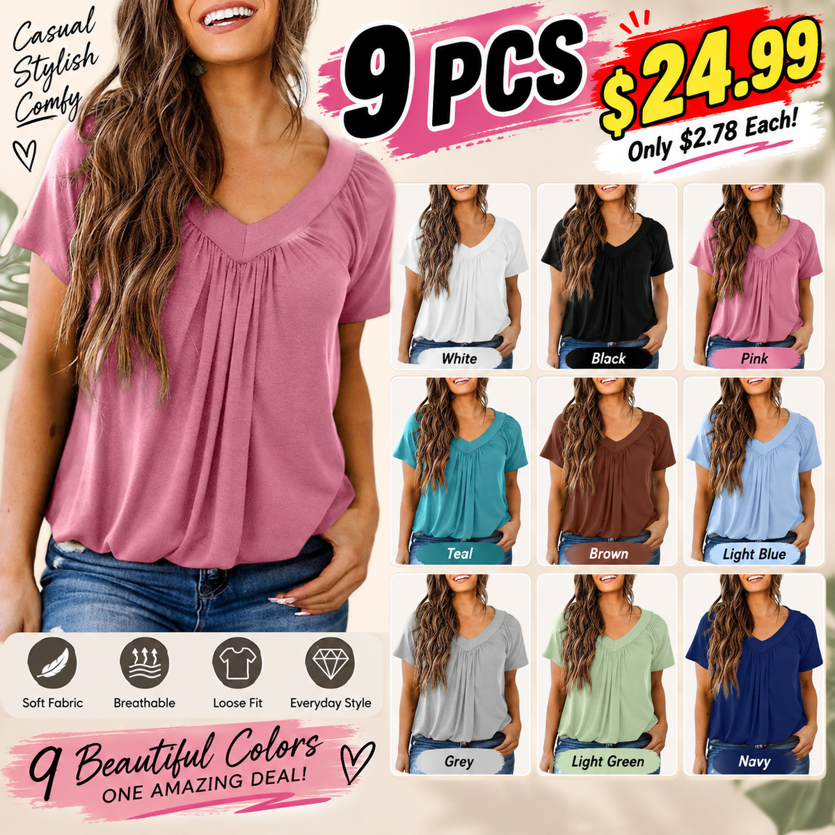 Women's Casual Summer Short Sleeve V Neck Tops T-shirts - Loose Fit & Comfortable Shirring Top