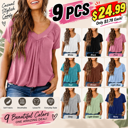 Women's Casual Summer Short Sleeve V Neck Tops T-shirts - Loose Fit & Comfortable Shirring Top