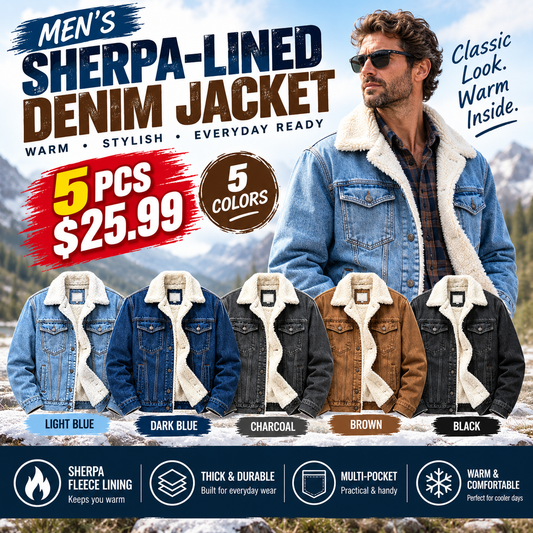 🔥 BESTSELLER | Men's Sherpa-Lined Denim Jacket – Warm Fleece Casual Jean Jacket
