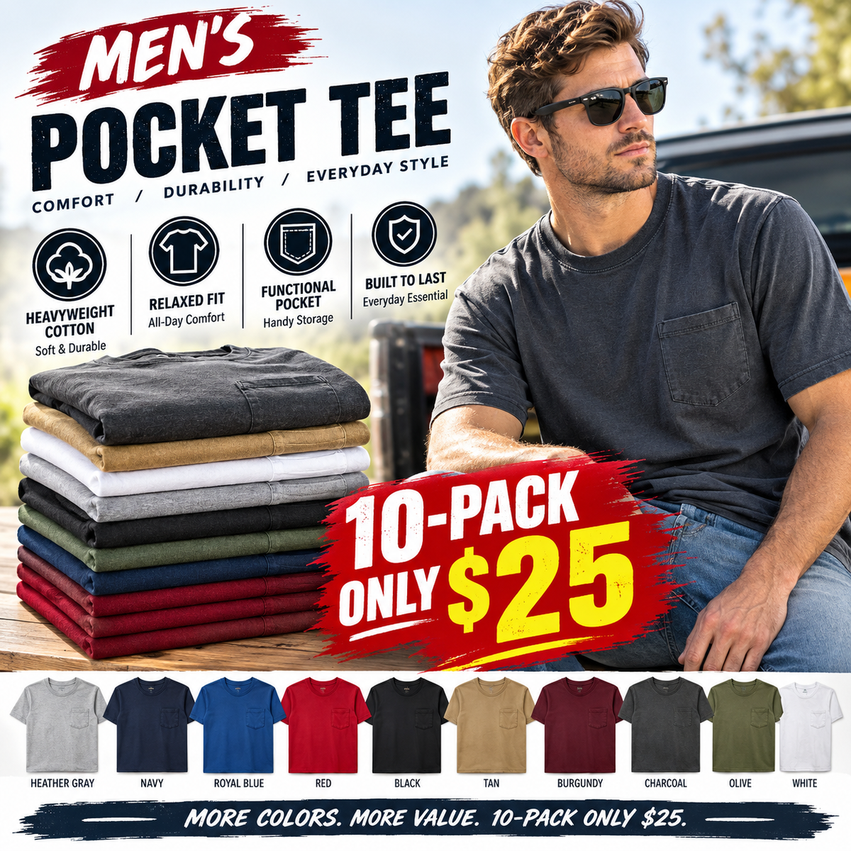 🔥 Men's Heavyweight Cotton Long Sleeve Pocket T-Shirt, Relaxed Fit Casual Tee, Big & Tall