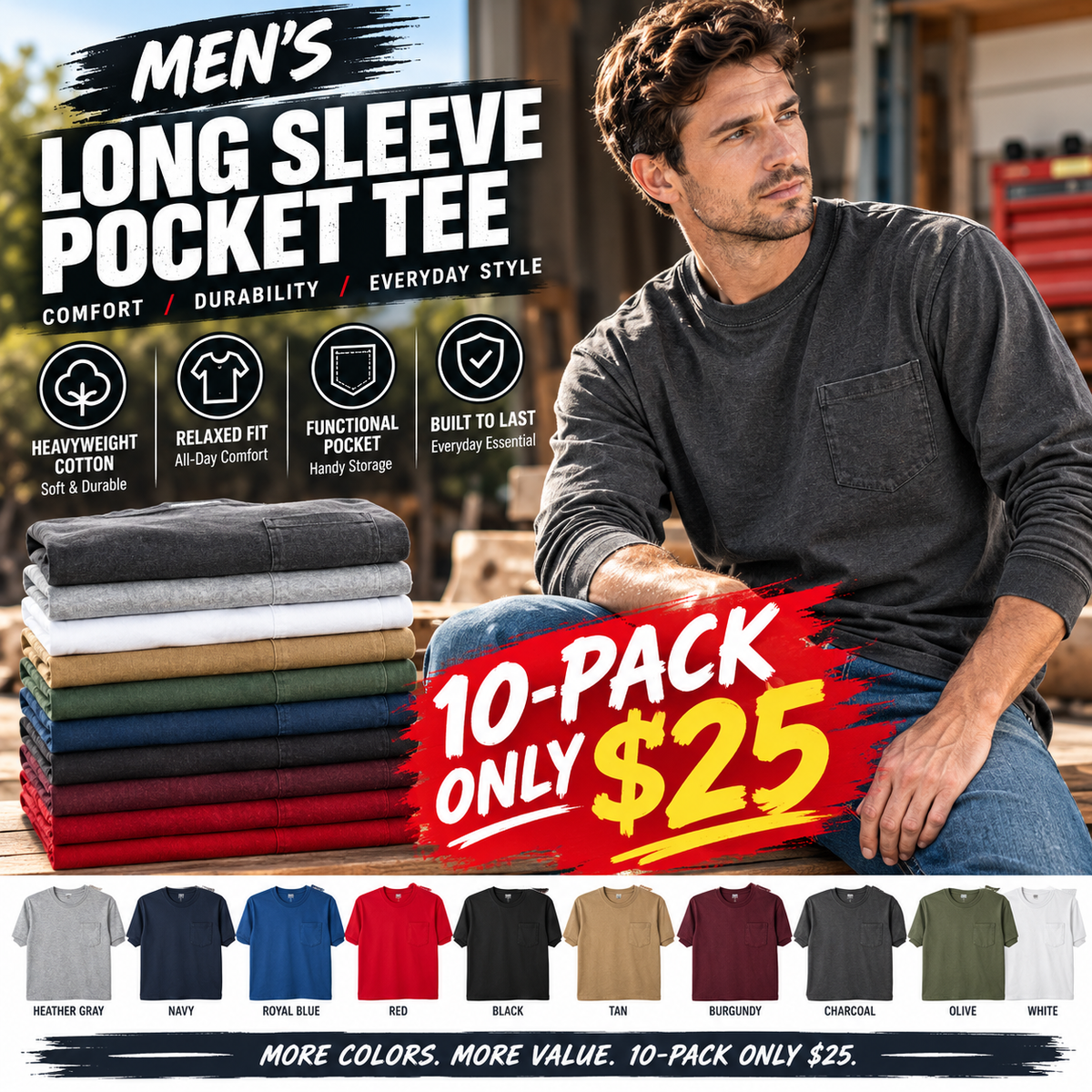 🔥 Men's Heavyweight Cotton Long Sleeve Pocket T-Shirt, Relaxed Fit Casual Tee, Big & Tall