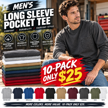 🔥 Men's Heavyweight Cotton Long Sleeve Pocket T-Shirt, Relaxed Fit Casual Tee, Big & Tall