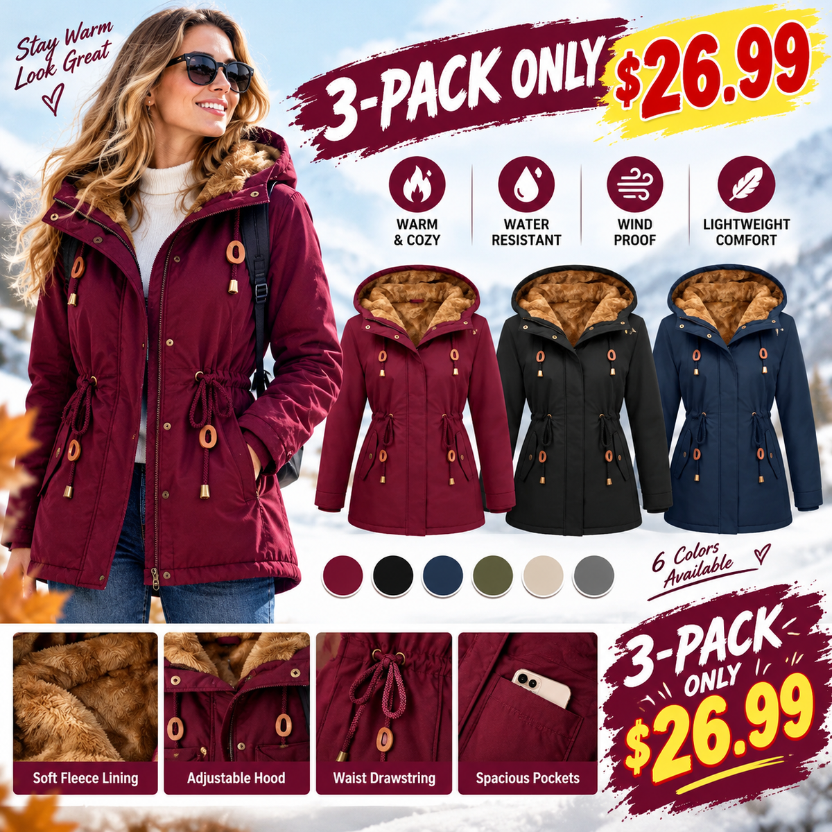 Women's Fleece Parka Jacket, Hooded, Long Warm