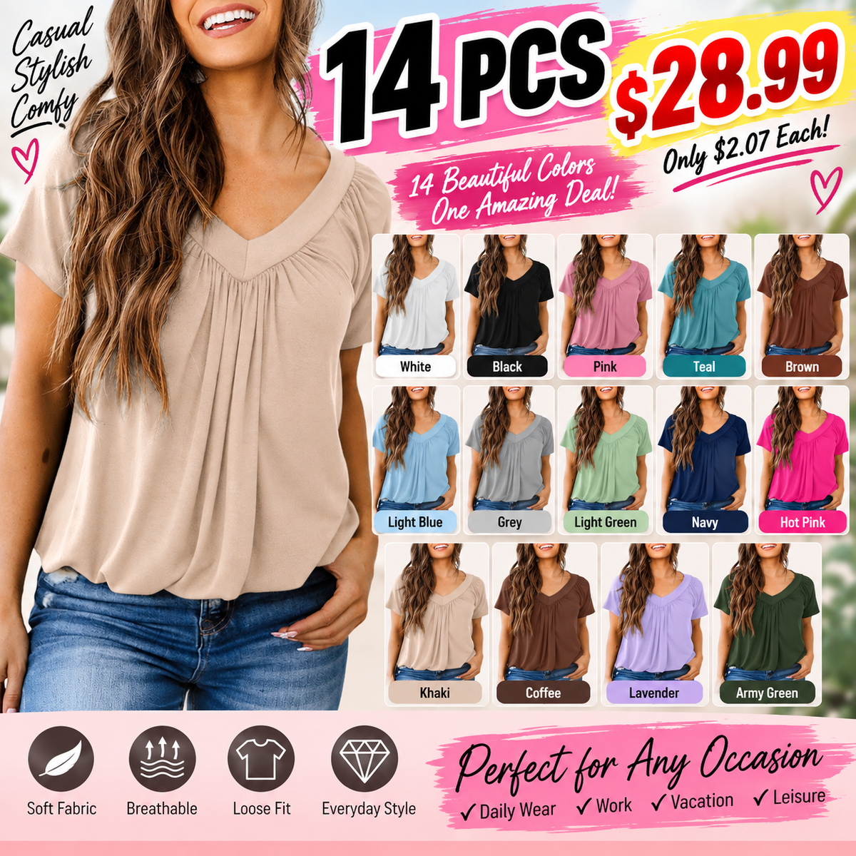 Women's Casual Summer Short Sleeve V Neck Tops T-shirts - Loose Fit & Comfortable Shirring Top