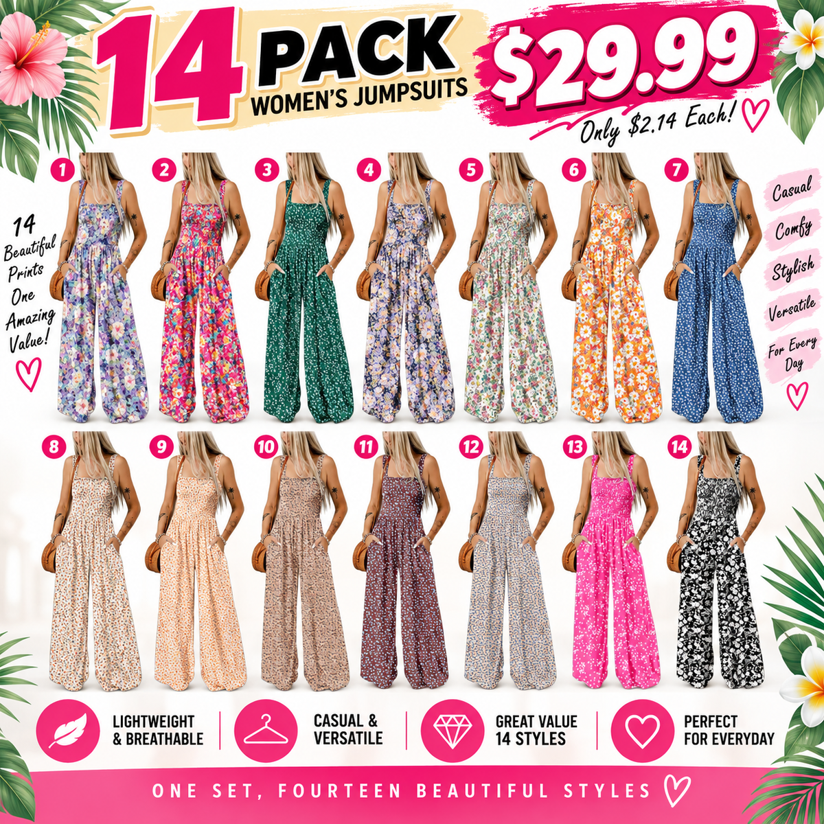Women's Casual Loose Overalls Jumpsuits One Piece Sleeveless Printed Wide Leg Long Pant Rompers With Pockets Bohemian Womenswear