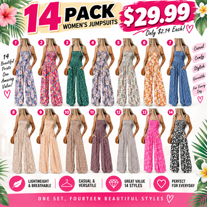 Women's Casual Loose Overalls Jumpsuits One Piece Sleeveless Printed Wide Leg Long Pant Rompers With Pockets Bohemian Womenswear