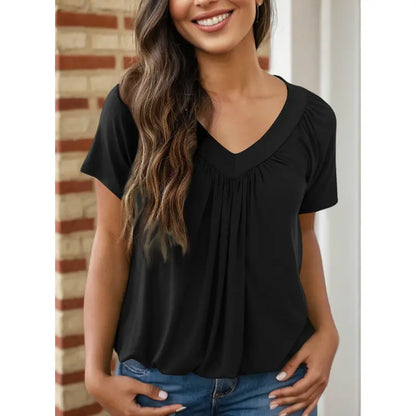 Women's Casual Summer Short Sleeve V Neck Tops T-shirts - Loose Fit & Comfortable Shirring Top