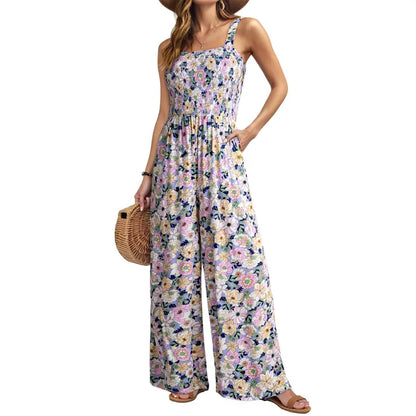 Women's Casual Loose Overalls Jumpsuits One Piece Sleeveless Printed Wide Leg Long Pant Rompers With Pockets Bohemian Womenswear