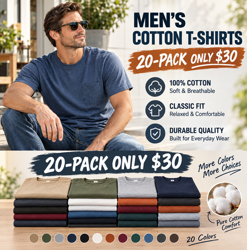 🔥 Men's Heavyweight Cotton Long Sleeve Pocket T-Shirt, Relaxed Fit Casual Tee, Big & Tall