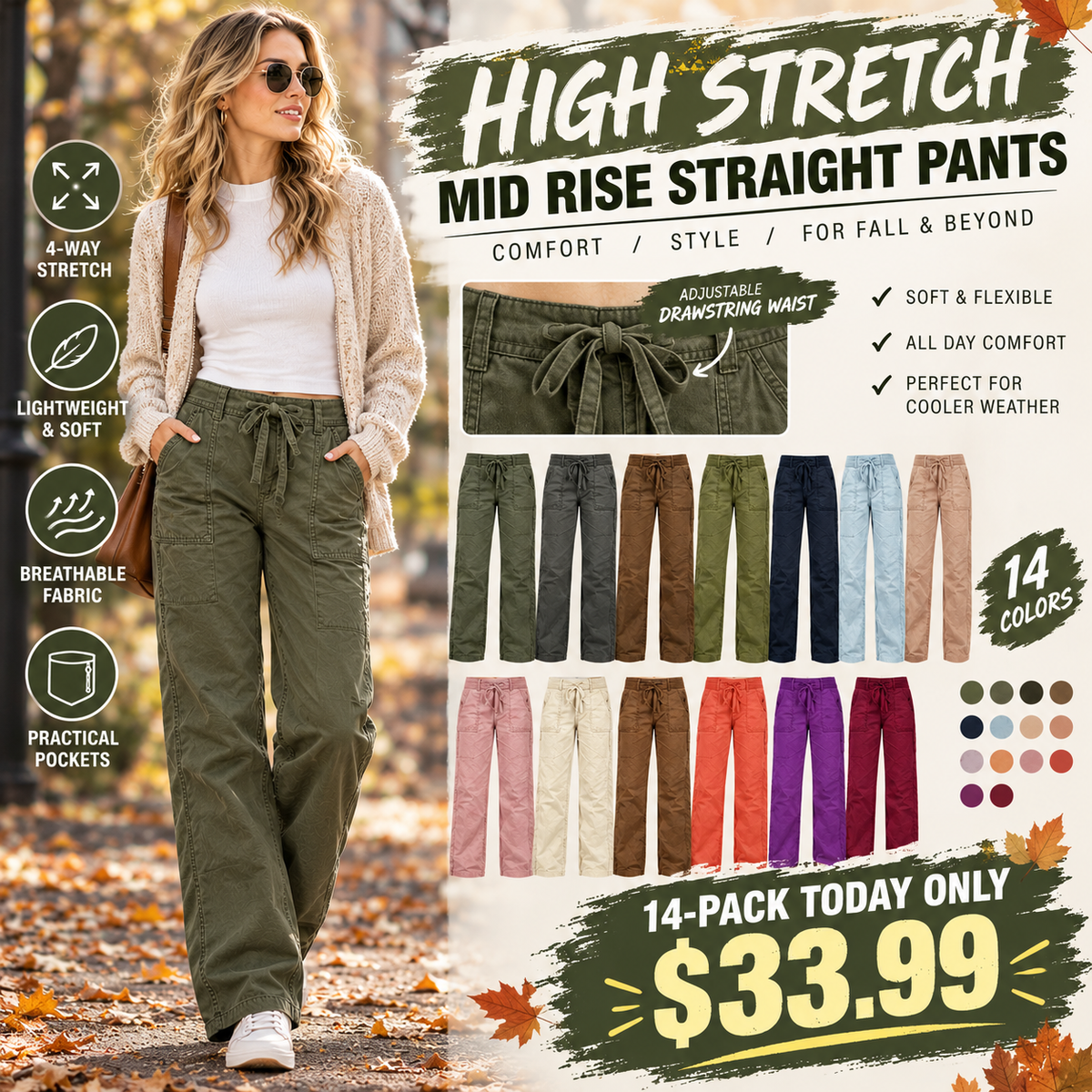 ⚡FINAL SALE⚡ Women's Mid-Rise Straight-Leg Pants – Comfortable Stretch Casual Trousers