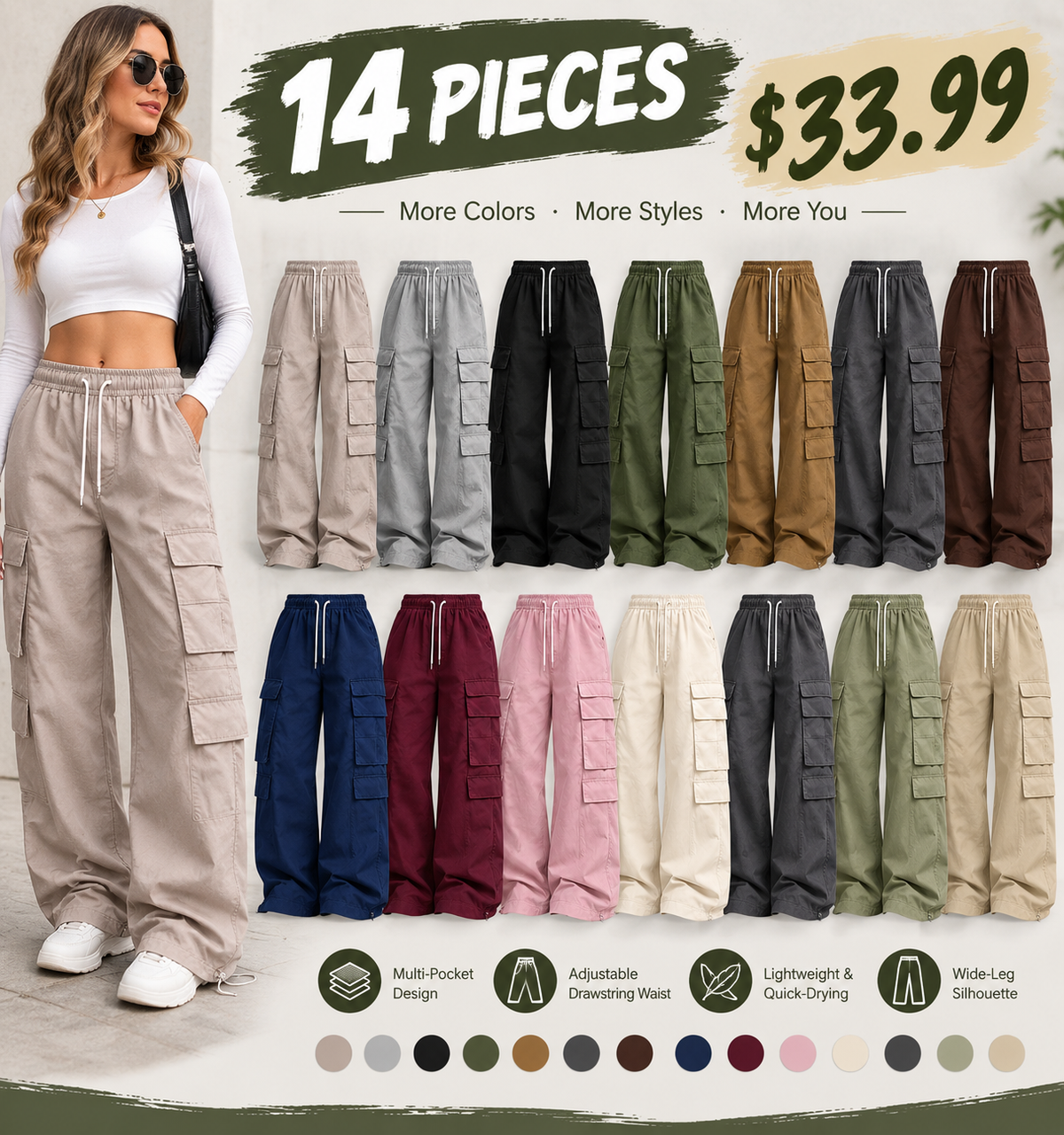 ✨Special Seasonal Offer✨Women's Casual Cargo Pants – Wide-Leg, Multi-Pocket Trousers with Drawstring Waist