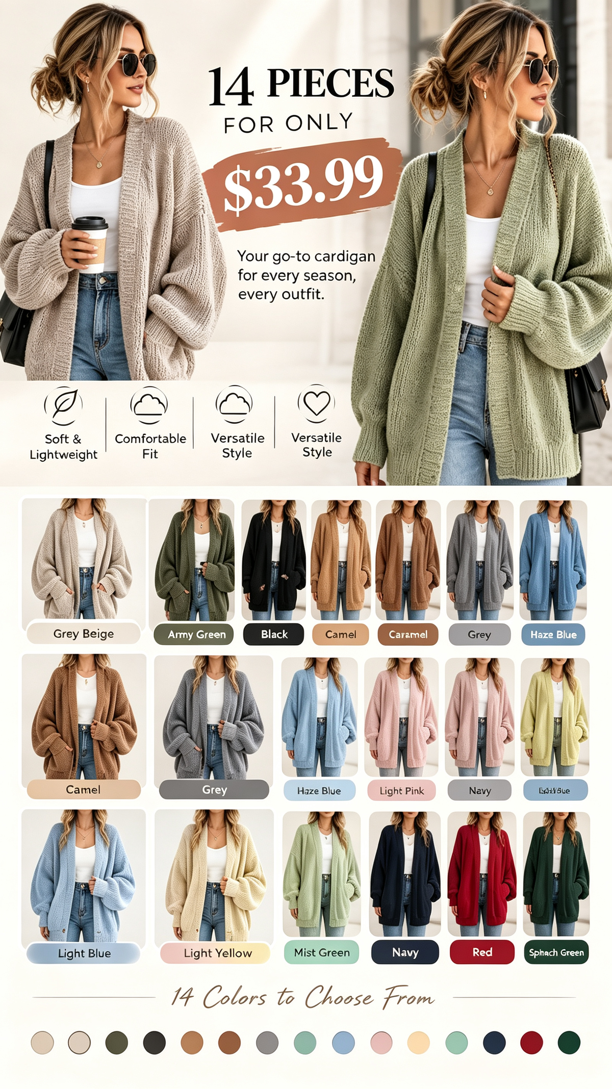 🔥 BESTSELLER | PRETTYGARDEN Womens Open Front Oversized Cardigan Sweaters