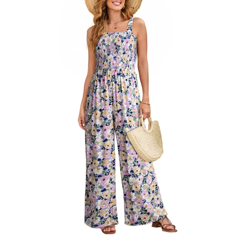 Women's Casual Loose Overalls Jumpsuits One Piece Sleeveless Printed Wide Leg Long Pant Rompers With Pockets Bohemian Womenswear