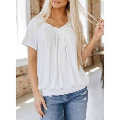 Women's Casual Summer Short Sleeve V Neck Tops T-shirts - Loose Fit & Comfortable Shirring Top
