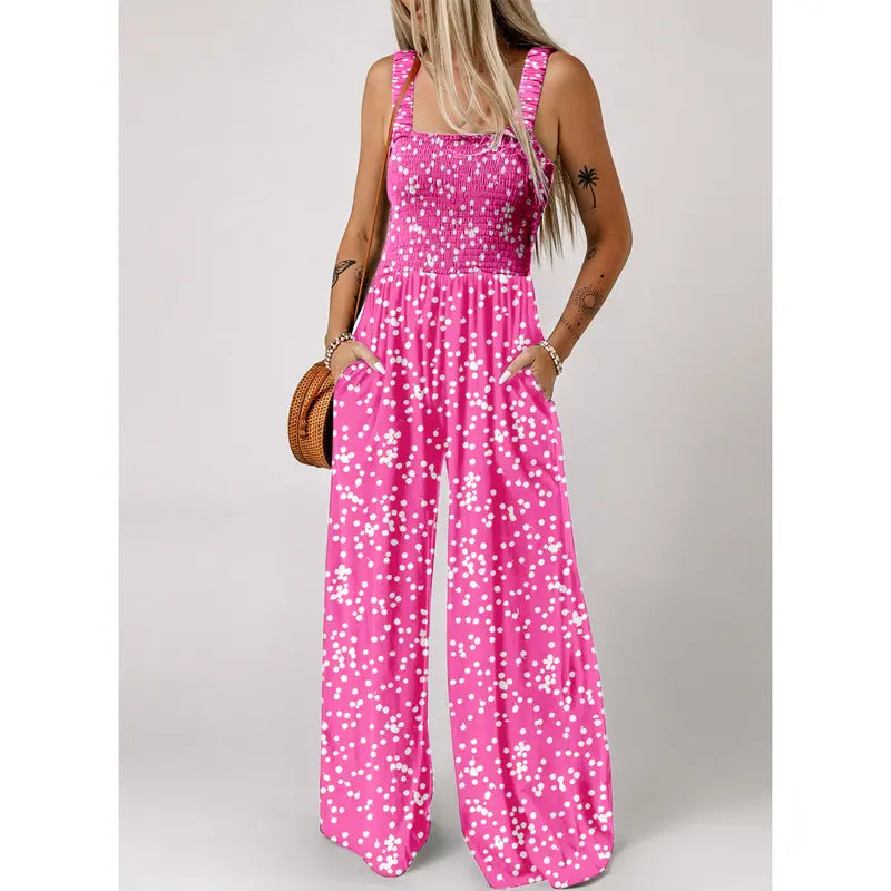 Women's Casual Loose Overalls Jumpsuits One Piece Sleeveless Printed Wide Leg Long Pant Rompers With Pockets Bohemian Womenswear