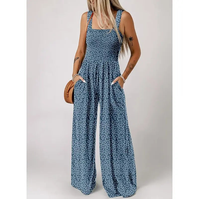 Women's Casual Loose Overalls Jumpsuits One Piece Sleeveless Printed Wide Leg Long Pant Rompers With Pockets Bohemian Womenswear
