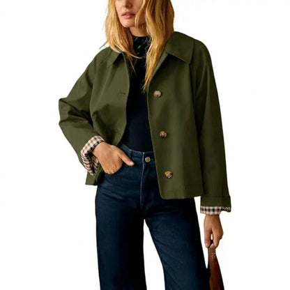 🔥 Bestseller Women's Cropped Trench Coat 🍂 | Oversized Jacket with Classic Lapel & Plaid Lining ✨