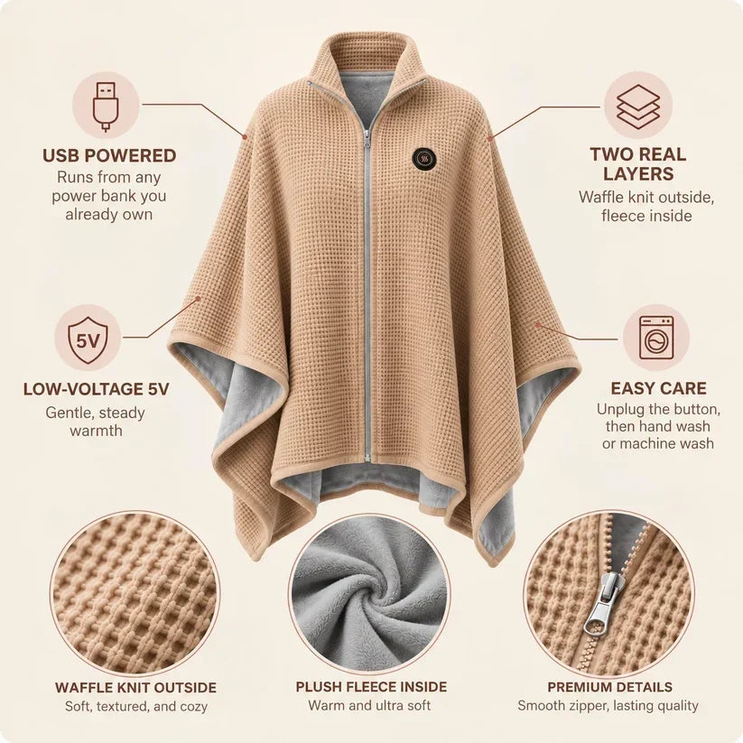 🔥 BESTSELLER | Women's Heated Poncho Wrap – Soft Fleece, USB Powered, 3 Heat Levels