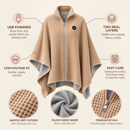 🔥 BESTSELLER | Women's Heated Poncho Wrap – Soft Fleece, USB Powered, 3 Heat Levels