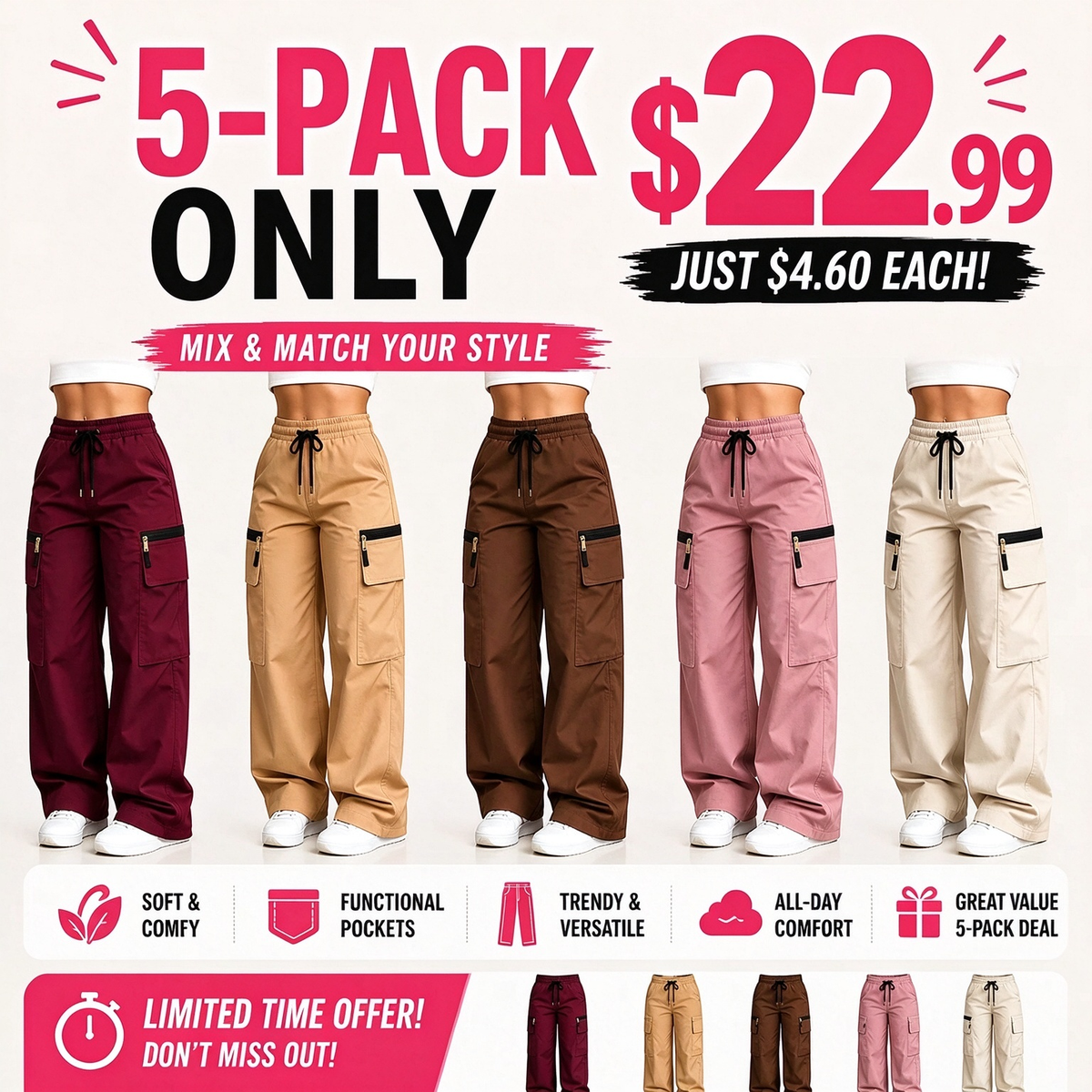 👍🔥Limited-Time 🔥Women’s lightweight loose cargo pants with multiple pockets