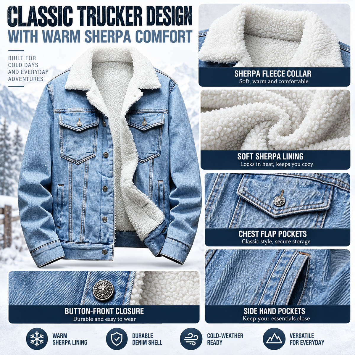 🔥 BESTSELLER | Men's Sherpa-Lined Denim Jacket – Warm Fleece Casual Jean Jacket