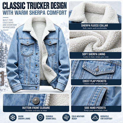 🔥 BESTSELLER | Men's Sherpa-Lined Denim Jacket – Warm Fleece Casual Jean Jacket