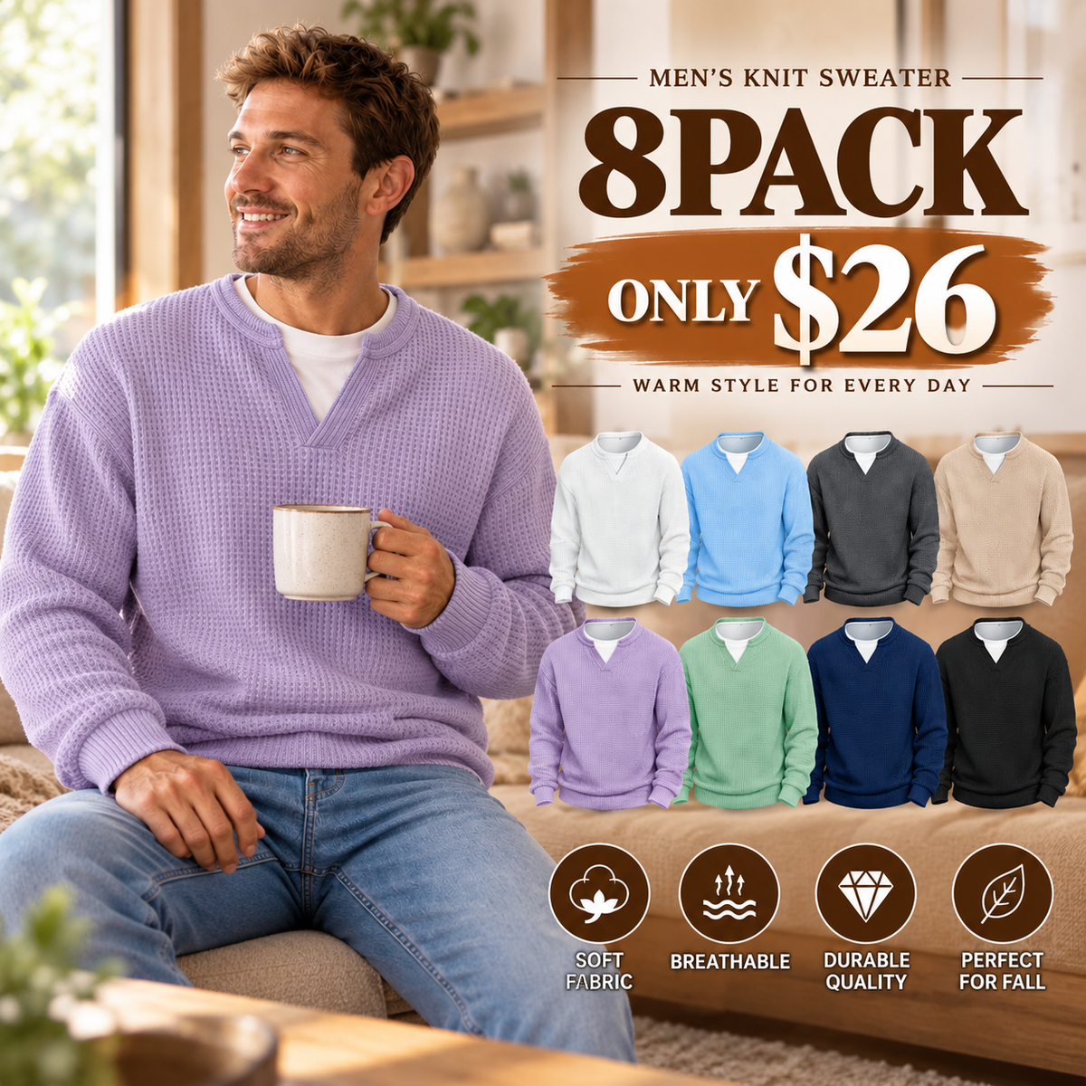 ⌛Limited-Time Offer⌛Men's Waffle-Knit Long-Sleeve V-Neck Pullover Shirt, Faux 2-Piece Street Look